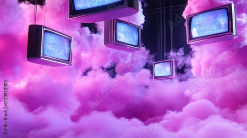 Wallpaper Mural Surreal digital dream with pink mist and hovering TVs beaming alternate realities Torontodigital.ca