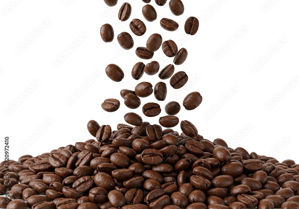 Naklejka premium A cascade of freshly roasted coffee beans falling from above into a large pile on a clean white background.