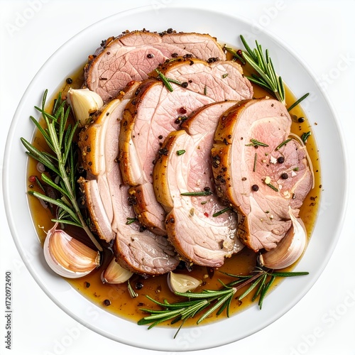 Juicy slices of roasted pork loin with rosemary and garlic on a plate presented on a white background