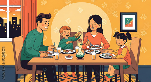 Happy Family Dinner Eating Meal Together at Home Joyful Parents and Kids Dining Scene