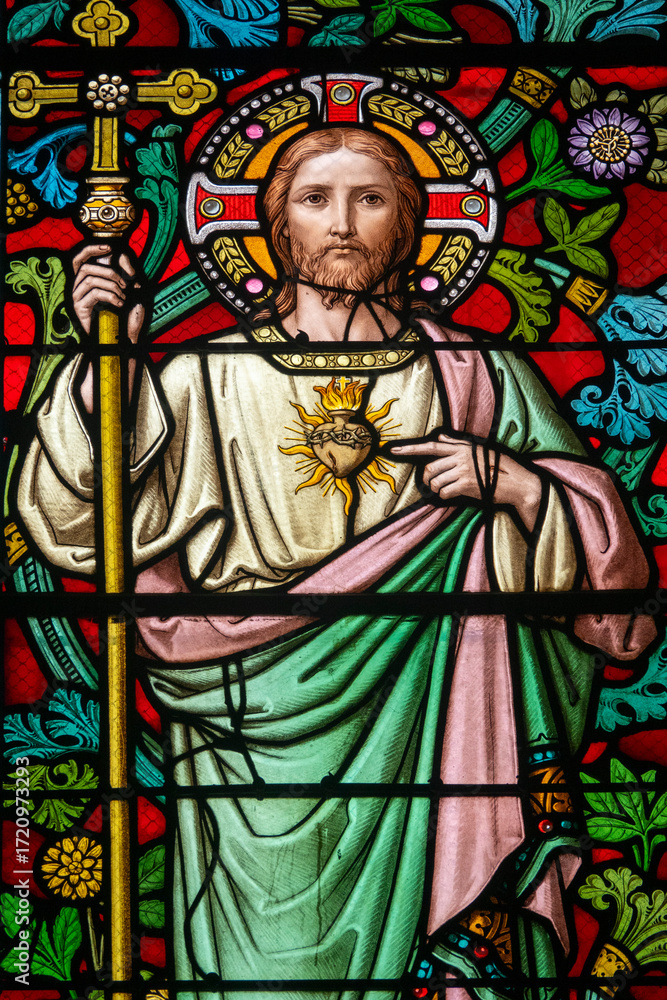 Fototapeta premium Stained glass (19th century) of Sacred Heart of Jesus Christ.