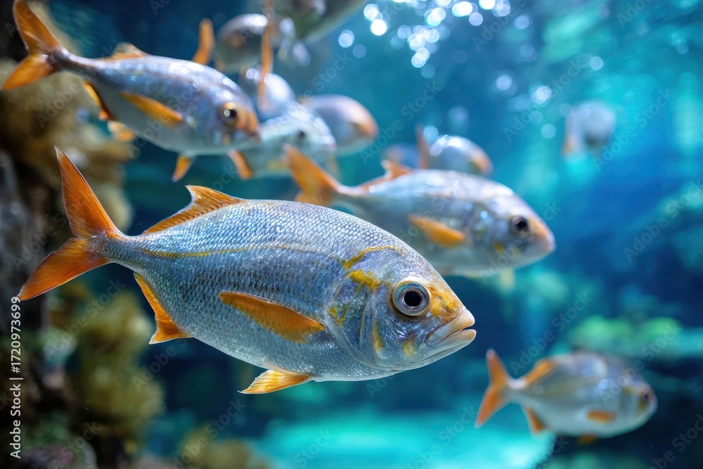 Fototapeta premium School of Silver Fish with Orange Fins