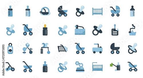 Baby Care Essentials Collection Flat Design Icons Set Newborn Items