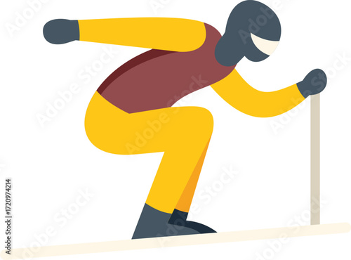 Professional skier crouching and holding ski poles while skiing downhill at high speed