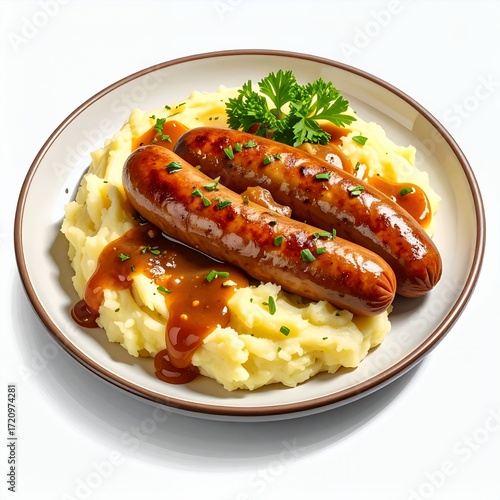 Sausages and mashed potatoes with gravy served on a white plate, white background