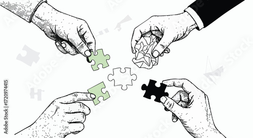Hands assembling puzzle pieces, one crumpled paper, teamwork concept.