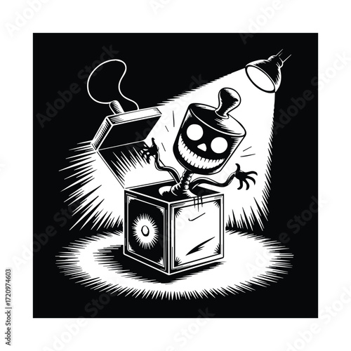 Spooky Jack in the Box Illustration with Creepy Smile and Beware Message under Spotlight