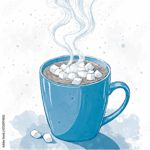 Hot chocolate with marshmallows in a blue cup, hand-drawn winter illustration in cozy style, seasonal holiday design for Christmas greeting cards, posters, festive decoration and warm drinks theme
