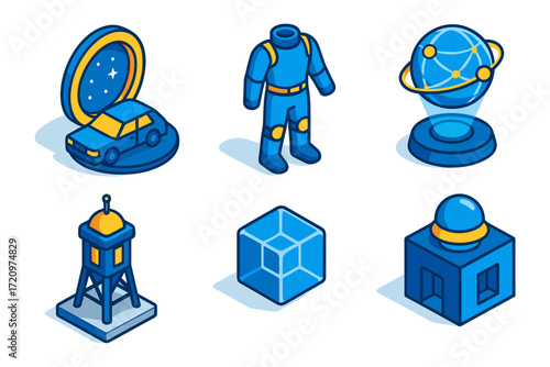  isometric sci-fi gear and structures icon set , teleport pad car, space suit, network globe, watchtower, cube, observatory
