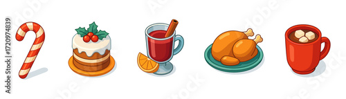 christmas food mini icons,candy cane, cake, mulled wine, turkey, cocoa