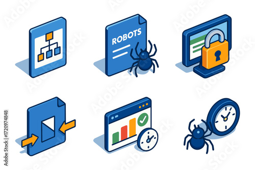 isometric seo and crawling icons: robots.txt, sitemap, security