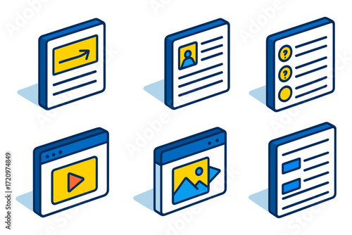 isometric website content blocks icon set , arrow card, profile card, checklist, video window, image window, form layout