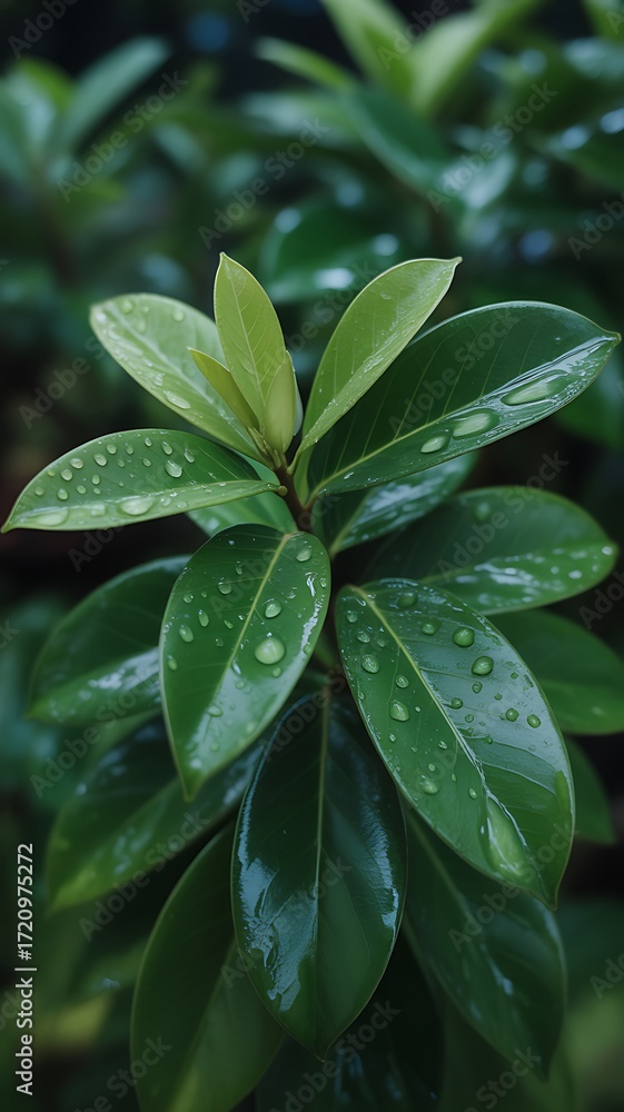 Obraz premium Close up of green leaves with water drops after the rain