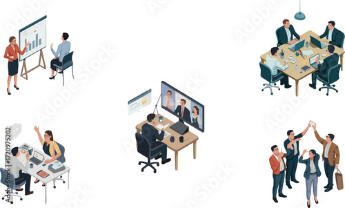 Business teamwork, office collaboration, online meeting, corporate discussion, workplace success, presentation training, group planning, strategy communication - cad drawing flat vector illustration