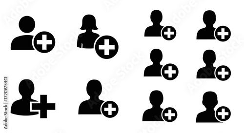 Minimalist Add User Vector Icon Set with Black Person Profile and Plus Sign Glyphs