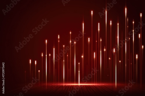 A dynamic display of vertical light streaks against a deep maroon background, highlighting a sense of technology and progress.