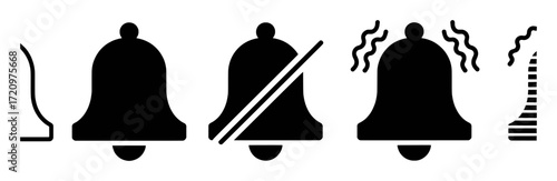 Set of Bell Icons: Normal, Muted, Ringing, and Sound Wave