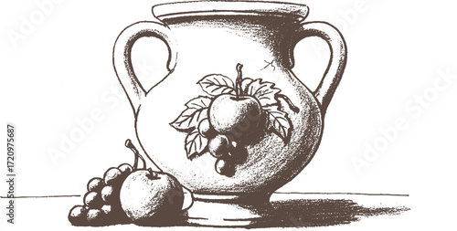 Ceramic vase with fruits and grapes in monochrome sketch style  