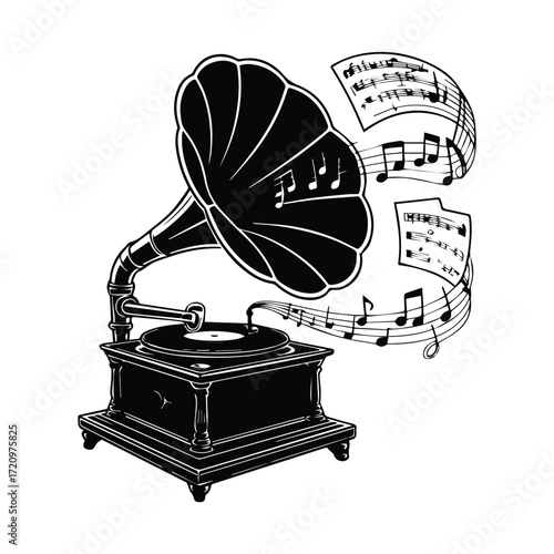 Vintage gramophone playing music with notes swirling a nostalgic soundscape in monochrome