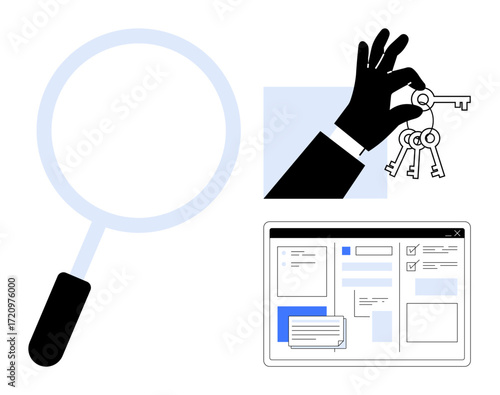 Magnifying glass, hand holding keys, and digital interface illustration emphasize access, research, security, navigation, discovery, data management, and usability in a simple flat metaphor