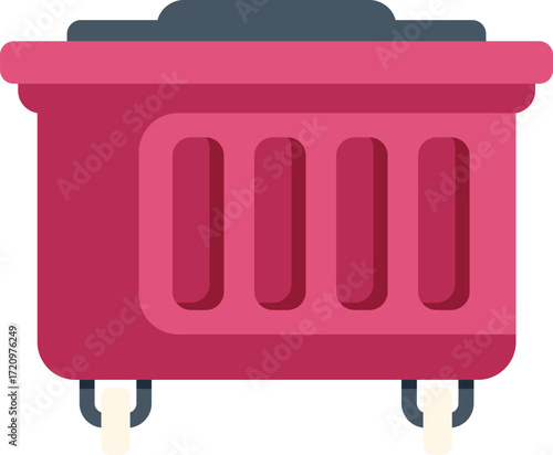 Pink plastic waste container with wheels standing on white background, waste management and recycling concept