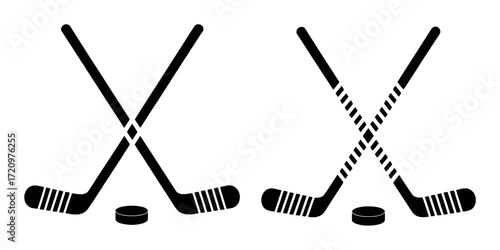 Two Pairs of Crossed Hockey Sticks and Pucks, Black and White Iconography