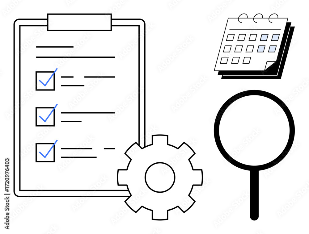 custom made wallpaper toronto digitalTask checklist with completed items, calendar, magnifying glass, and gear symbolizing planning, analysis, and systems. Ideal for project management, productivity, workflow goal-setting