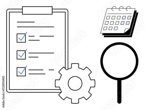 Wallpaper Mural Task checklist with completed items, calendar, magnifying glass, and gear symbolizing planning, analysis, and systems. Ideal for project management, productivity, workflow goal-setting Torontodigital.ca
