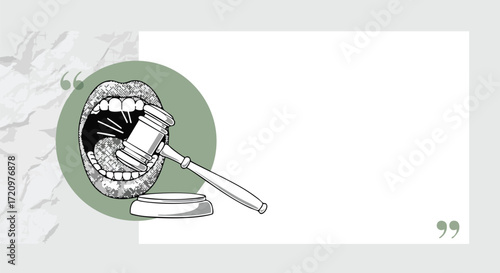 Conceptual illustration of a gavel silencing a mouth, representing censorship and freedom of speech.