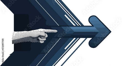 A hand pointing forward with a large blue arrow indicating direction and progress.