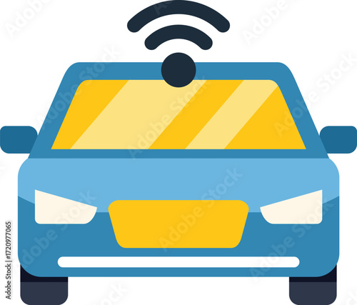 Modern driverless car using wireless network to navigate, icon in flat design