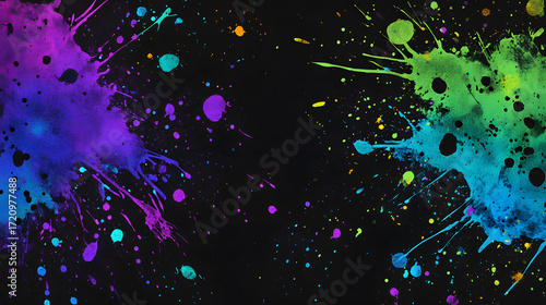 Vibrant neon paint splatters explode across dark canvas creating dynamic abstract art perfect for energetic design projects.
