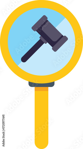 Magnifying glass is focusing on justice with gavel symbol inside, representing legal investigation or law enforcement concept