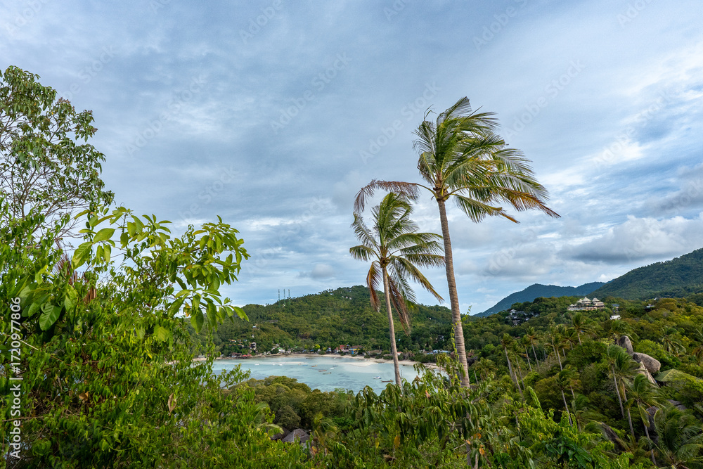 Naklejka premium View of Chalok Baan Kao Bay from the hiking trail to John-Suwan Viewpoint, Koh Tao, Thailand