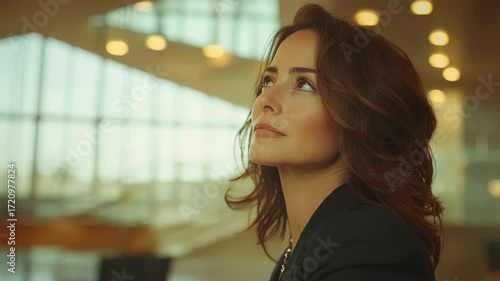 Close-up Portrait of a Confident Businesswoman in a Modern Office Interior Looking at the Camera
