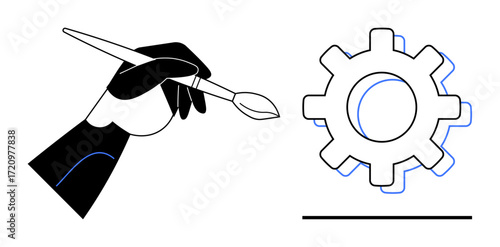 Black-and-white hand with a paintbrush shaping a gear. Ideal for creativity, design, innovation, technology, problem-solving, collaboration, development. A simple flat metaphor