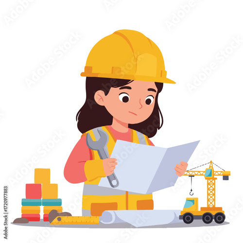 A focused little girl in a yellow hard hat and safety vest studies a blueprint, holding a toy wrench, with vibrant construction blocks nearby, a clean 2D vector illustration.