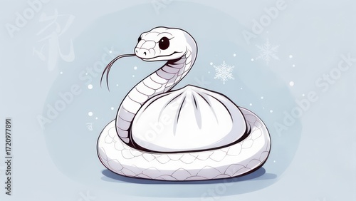 Cute white snake wrapped around a white dumpling, wintery background