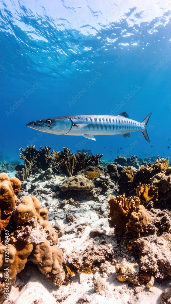Fototapeta premium Underwater Scene with Barracuda Swimming Among Coral Reefs
