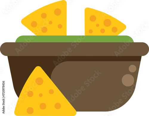 This vector illustration features a bowl of guacamole with tortilla chips, perfect for designs related to mexican food, appetizers, and snacking