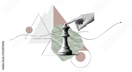 A hand reaching out to touch a chess queen piece, surrounded by abstract geometric shapes and lines.