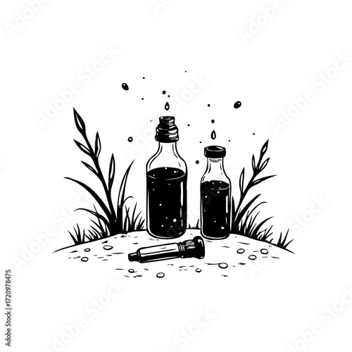 Monochromatic depiction of apothecary glass containers with droplets in a natural serene setting