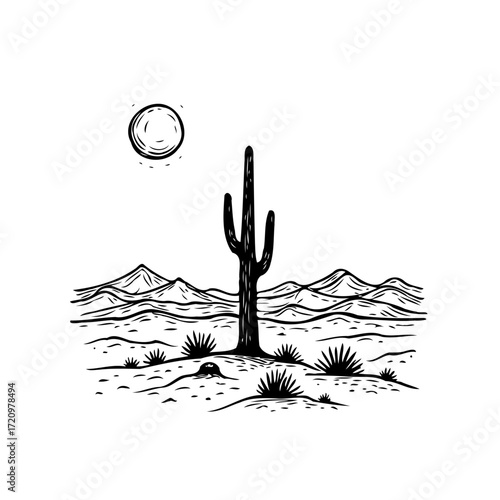 Monochromatic desert depiction featuring a majestic saguaro cactus against a backdrop of rolling