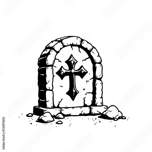 Monochromatic tombstone drawing representing loss death somberness with an old ancient cross