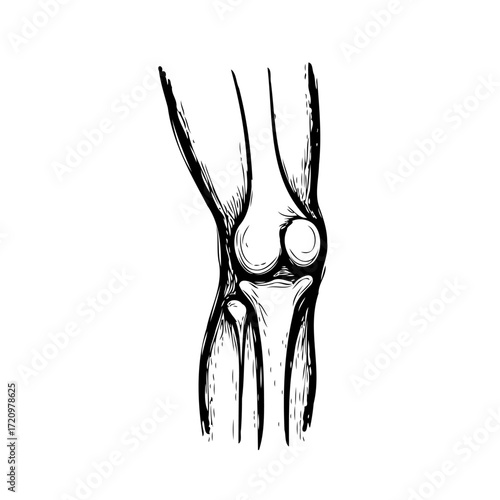 Monochrome anatomical illustration of a human knee joint showcasing skeletal structure for medical