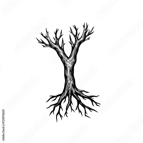 Monochrome arboreal illustration depicts stark branches and root systems against simple white
