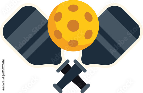 This vector illustration shows two pickleball paddles forming an x with a pickleball in the middle, great for representing the sport of pickleball