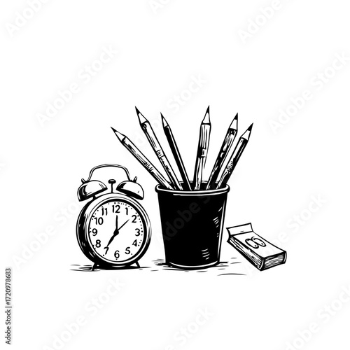 Monochrome artistic composition featuring writing utensils, an analog clock, and a small notepad