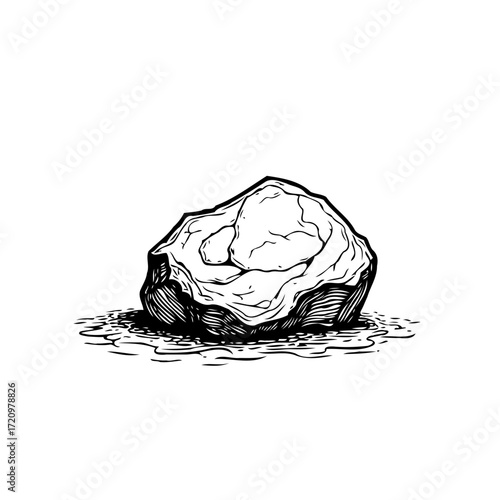 Monochrome boulder illustration showcasing geological formations and natural textured appearance