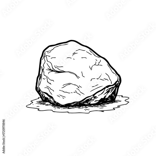 Monochrome boulder illustration resting on shaded ground emphasizing the rough texture and simple